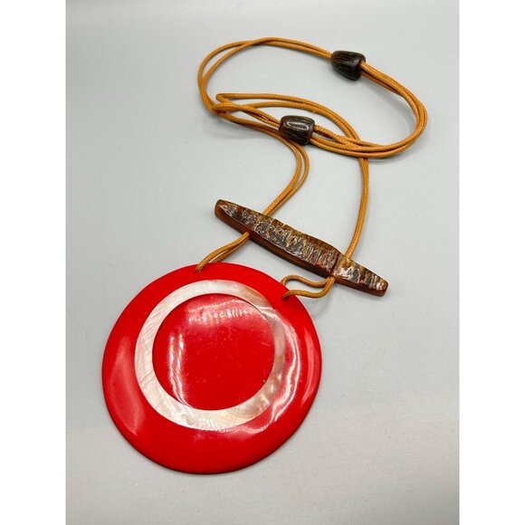 Oversized Red Statement Necklace Big Round Pendant with Mother of Pearl & Horn - Picture 2 of 11